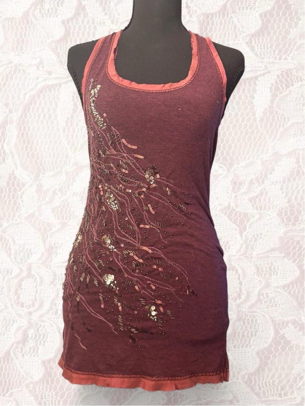 Miss Me Burgundy Sequin Racerback Tank with Coral Trim